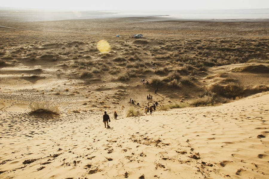 Maranjab caravanserai and salt lake in Iran desert